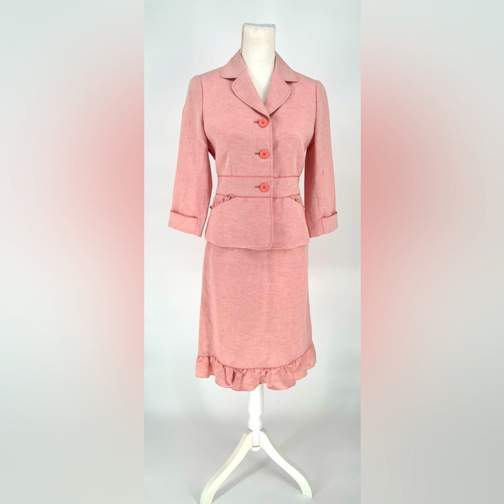 BLOOMSBURY LONDON Pink 2 Piece Suit Jacket & Skirt 3 Button Blazer Ruffle Design